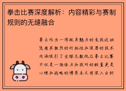 拳击比赛深度解析：内容精彩与赛制规则的无缝融合