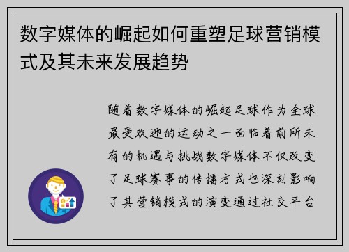 数字媒体的崛起如何重塑足球营销模式及其未来发展趋势