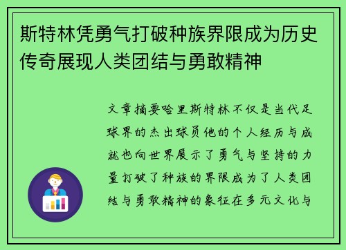 斯特林凭勇气打破种族界限成为历史传奇展现人类团结与勇敢精神