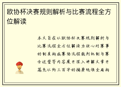 欧协杯决赛规则解析与比赛流程全方位解读