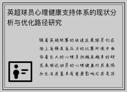 英超球员心理健康支持体系的现状分析与优化路径研究