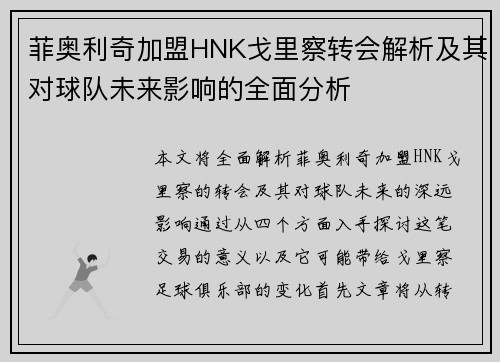 菲奥利奇加盟HNK戈里察转会解析及其对球队未来影响的全面分析