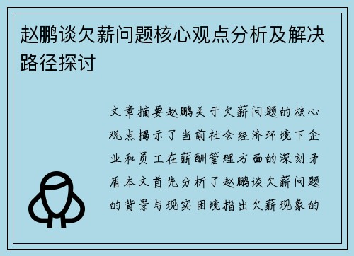 赵鹏谈欠薪问题核心观点分析及解决路径探讨