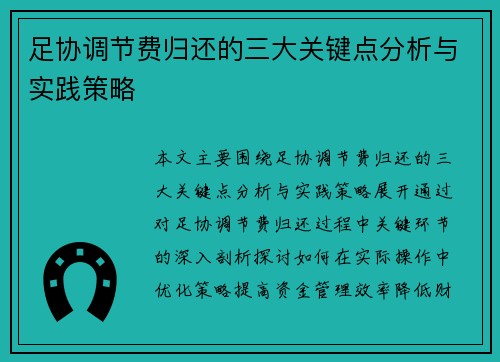 足协调节费归还的三大关键点分析与实践策略